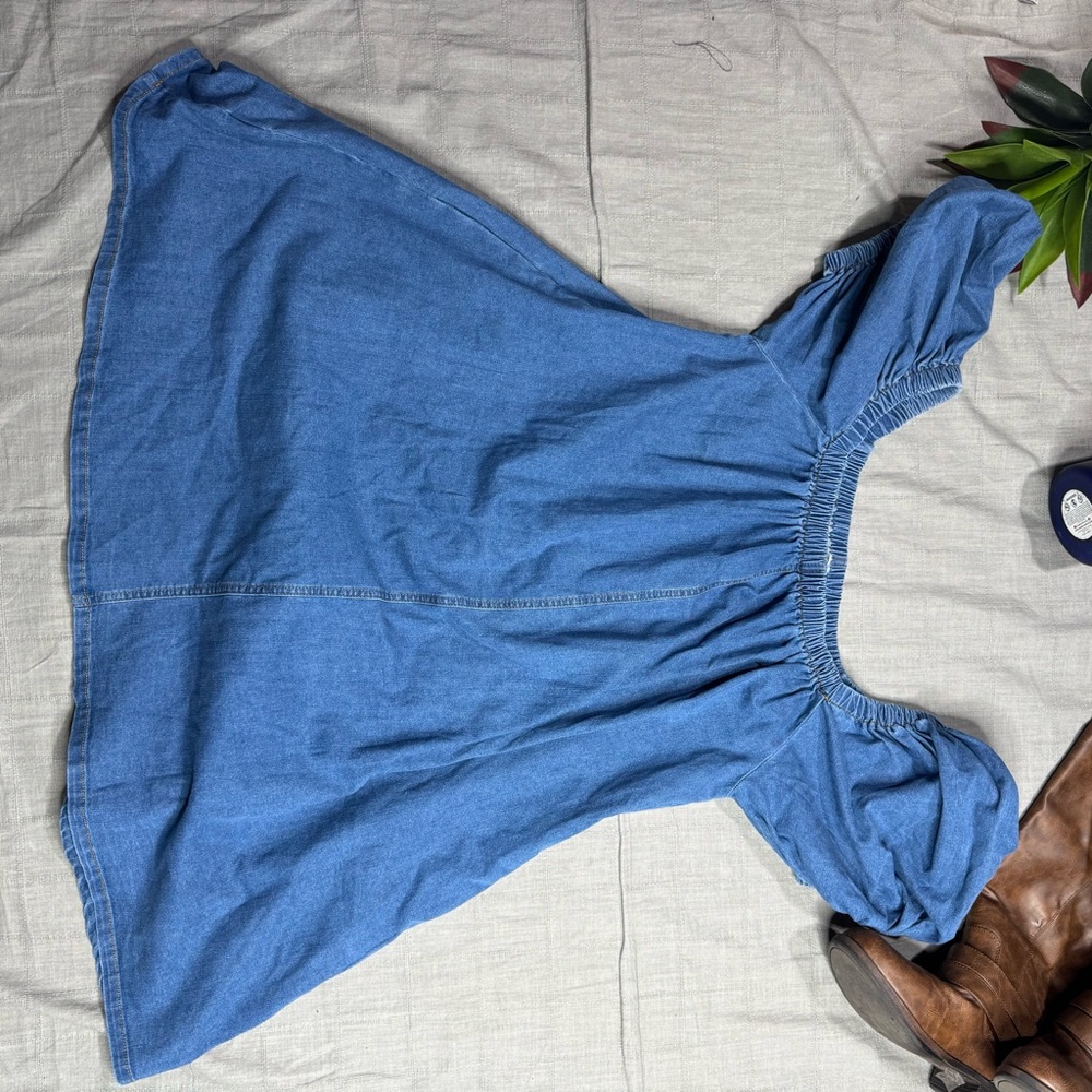 Denim Babydoll Mini Dress NWT Large Off Shoulder Puff Sleeve Pockets - Picture 10 of 14